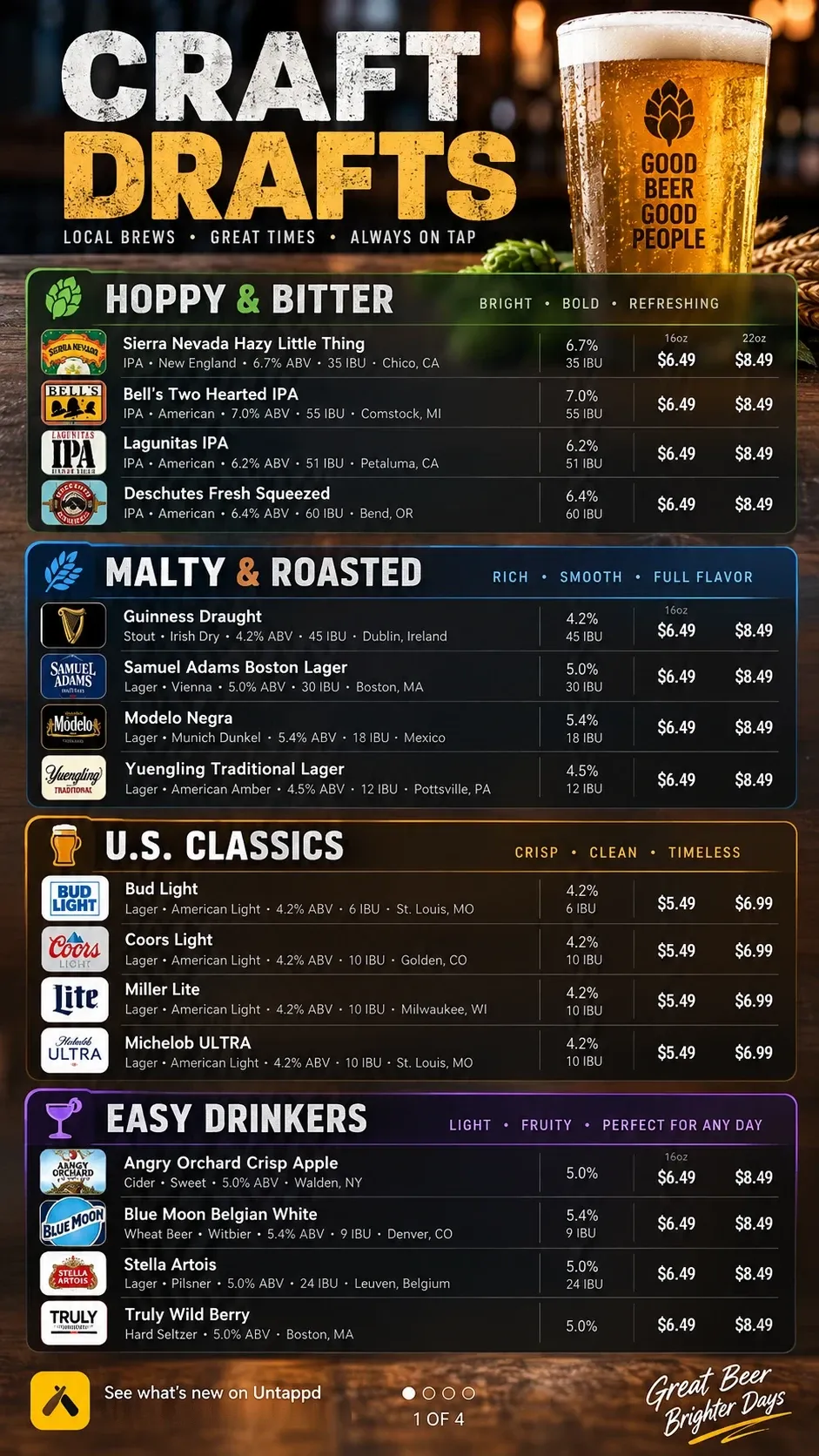 A vertical TV menu board showing a live tap list from Untappd